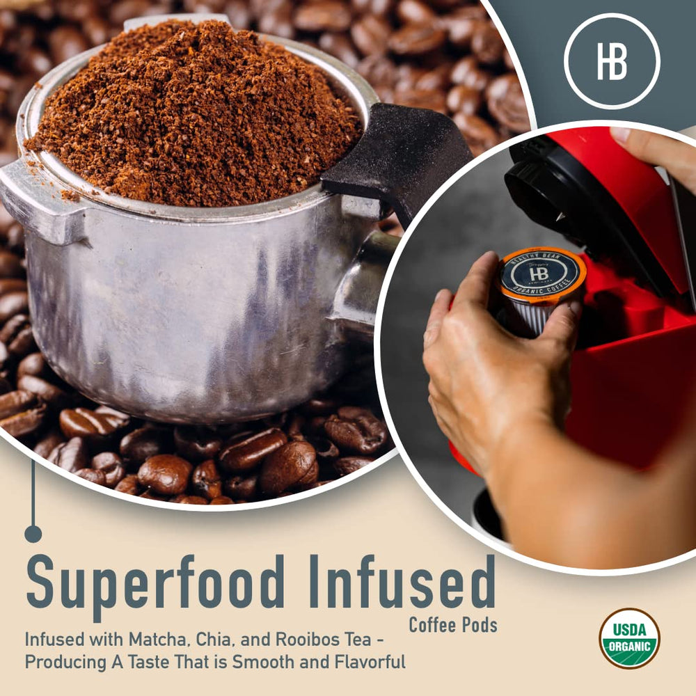 Thompson's Healthy Bean Low Acid Pods mold-free badge signaling purity.