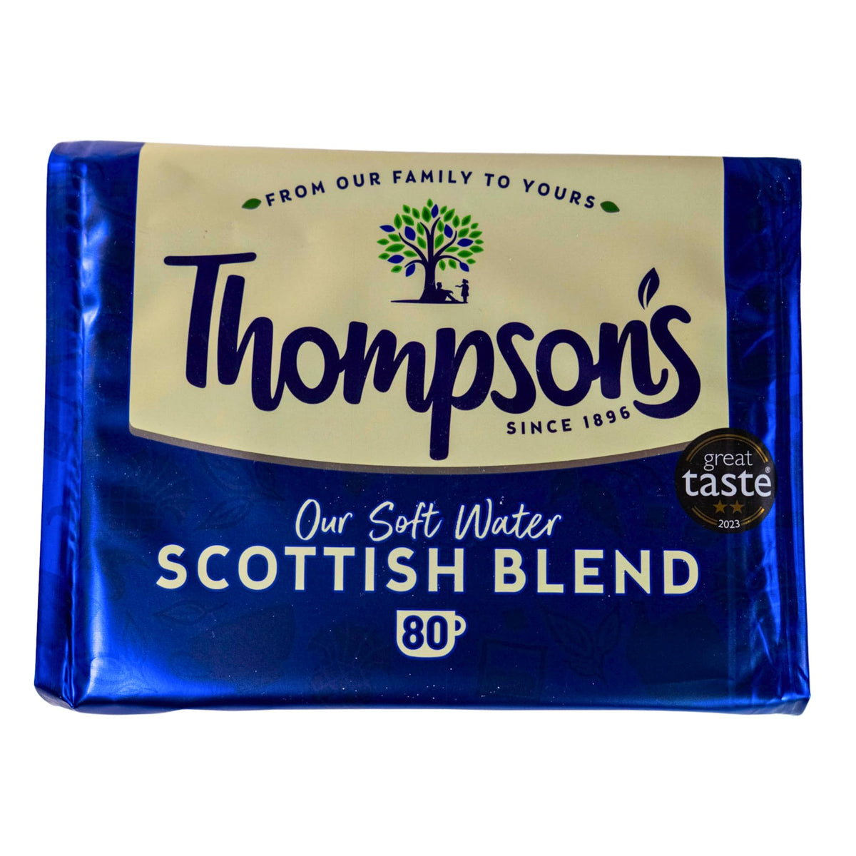 Thompson's Scottish Blend Tea packaging shows 80 bags, ideal for daily brewing.