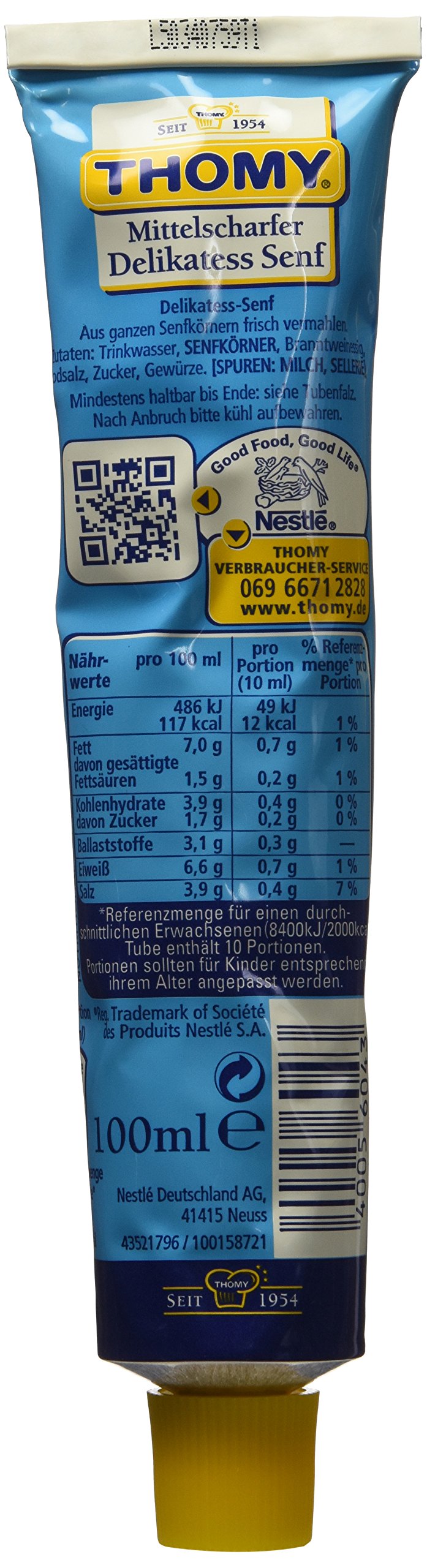 Thomy Delikatess mustard packaging display emphasizes premium tube format for quick kitchen use.