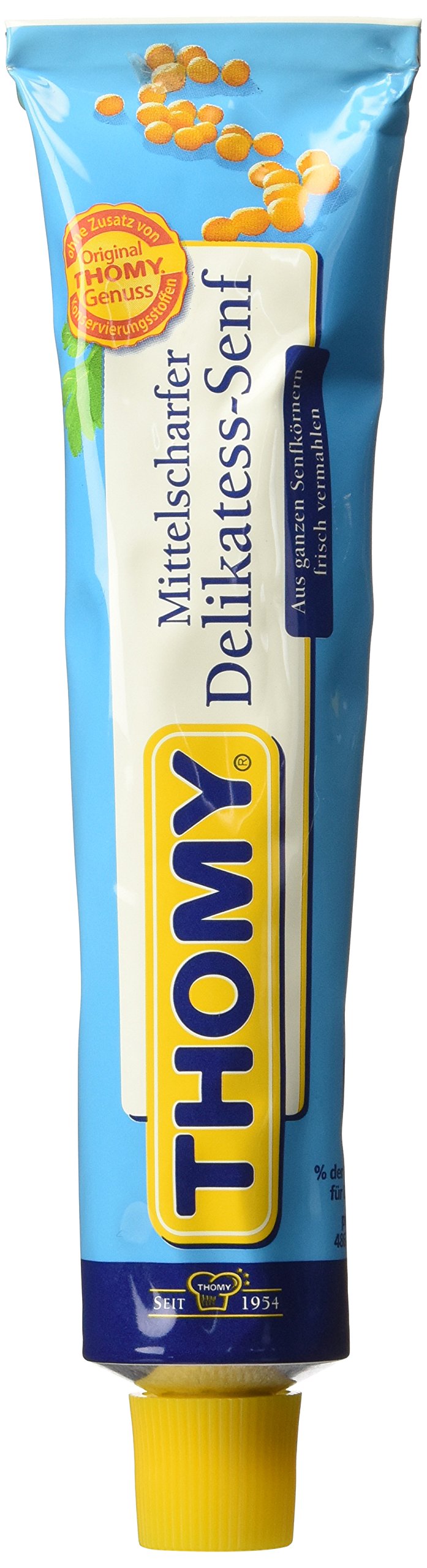 Thomy Delikatess mustard tube close-up label showing classic, versatile flavor for sandwiches.