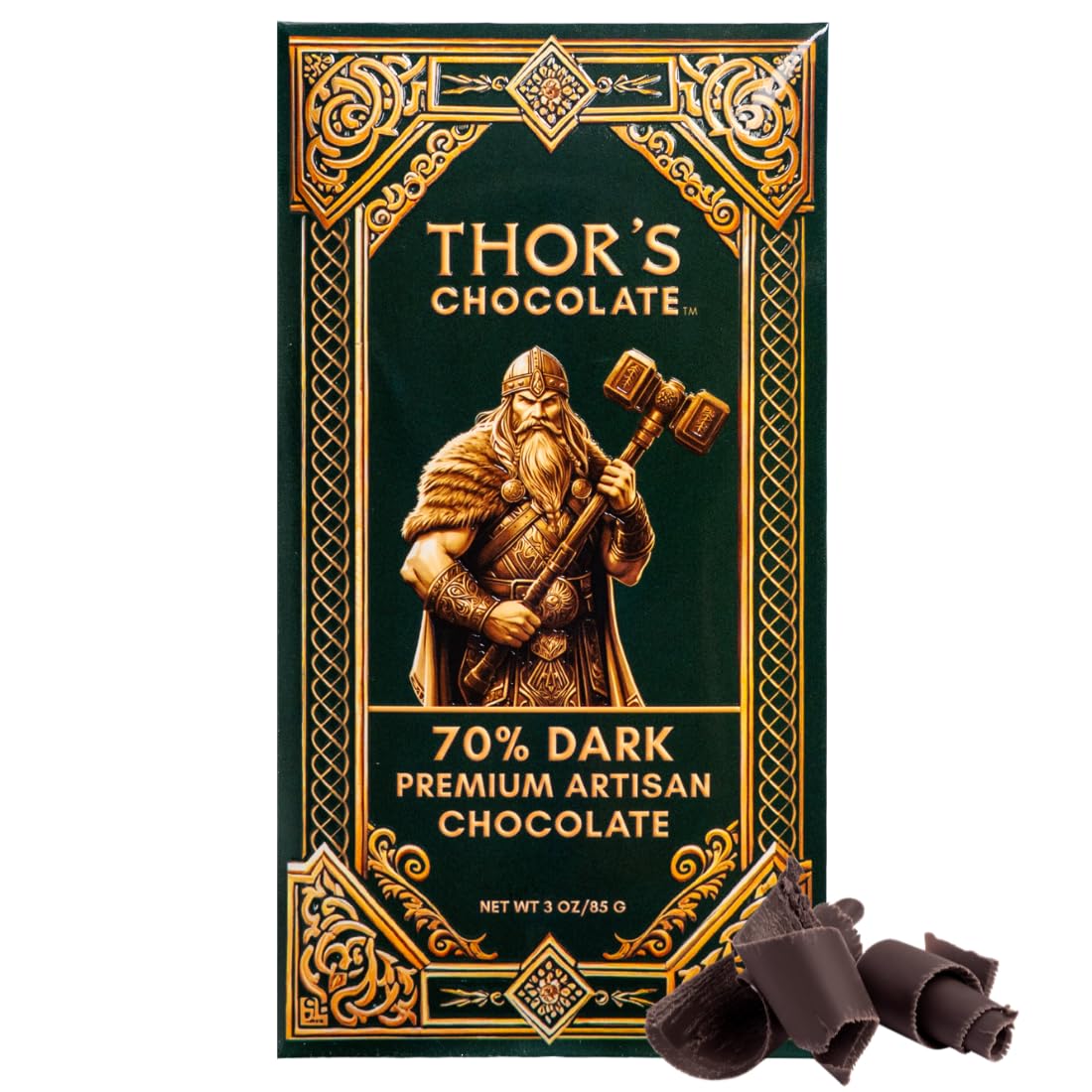 Thor's Chocolate artisan dark bar 70% packshot emphasizes premium packaging and craftsmanship.