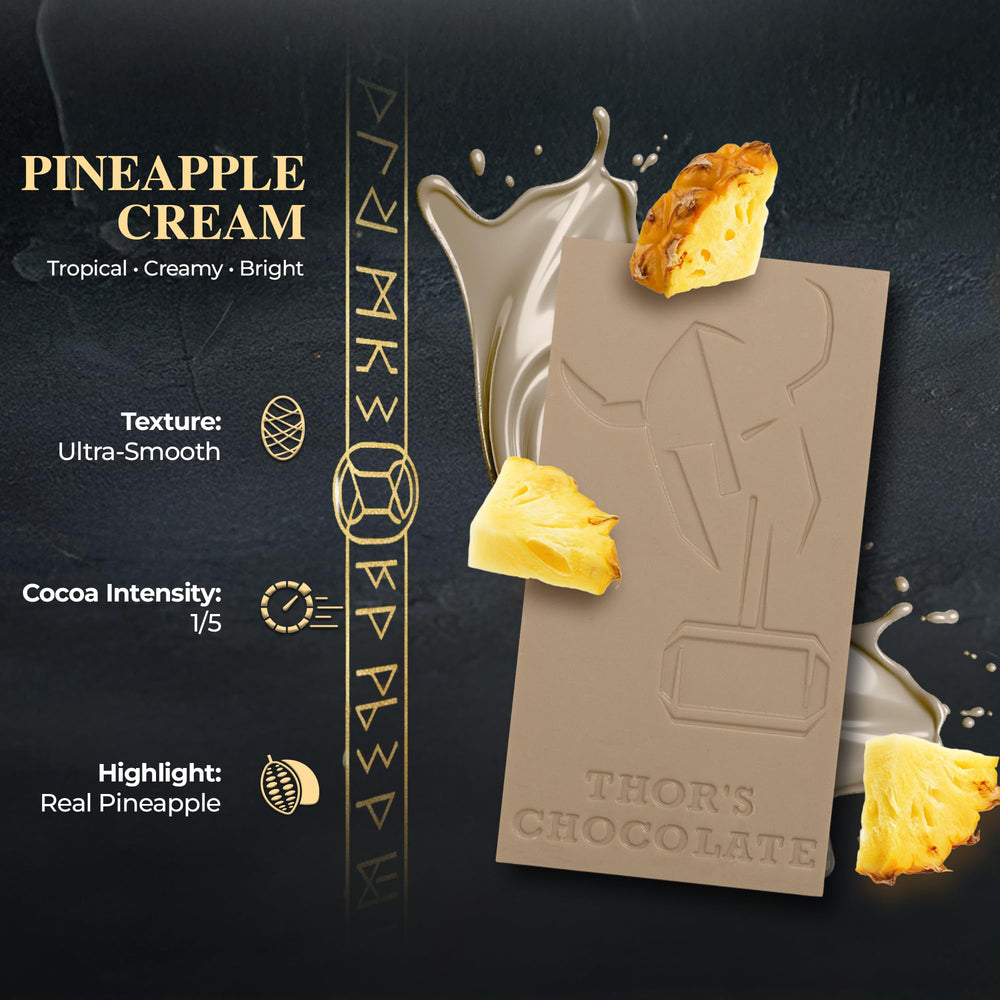Thor's Pineapple Cream highlights Ecuadorian cocoa butter and real freeze-dried pineapple.