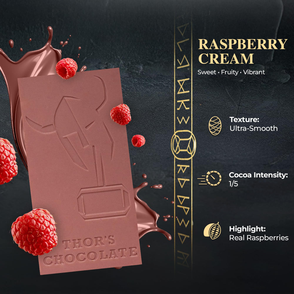 Ingredients panel shows real cocoa butter and raspberries for premium flavor.