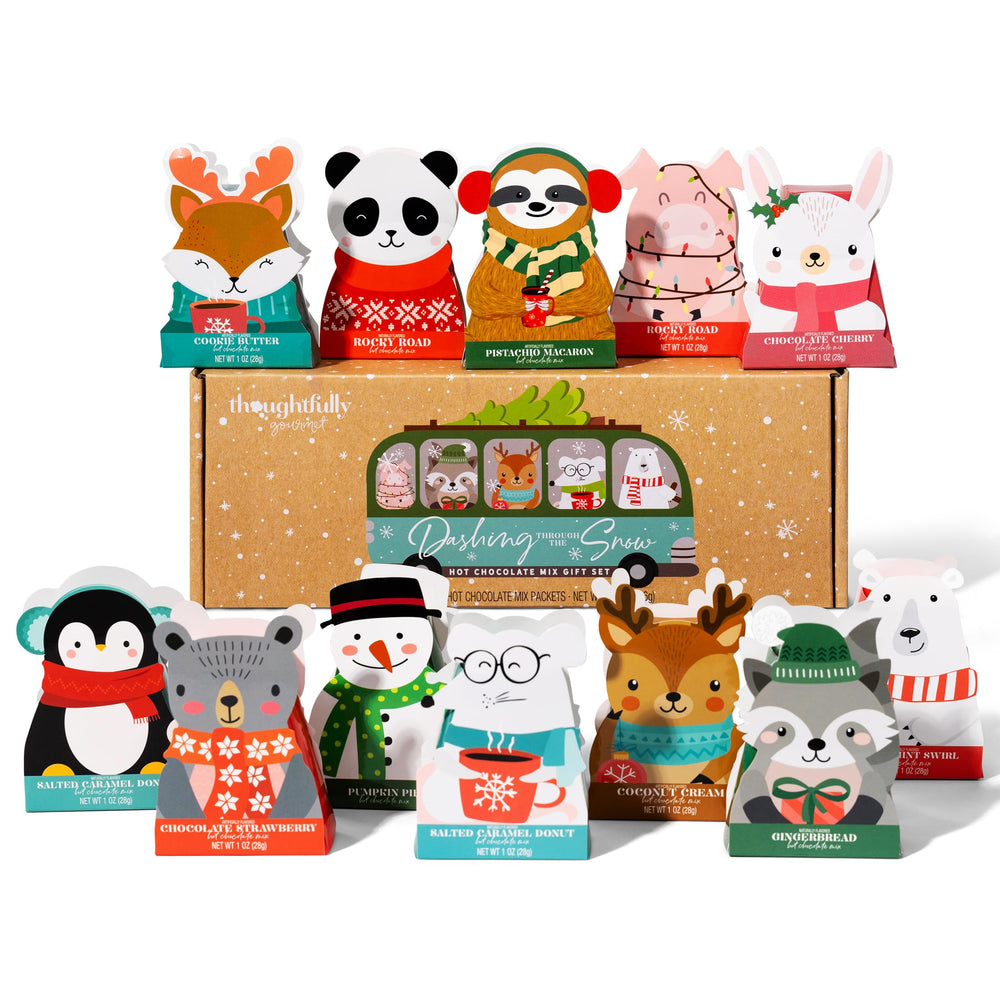 Thoughtfully Gourmet hot chocolate gift set with holiday character packaging for festive gifting