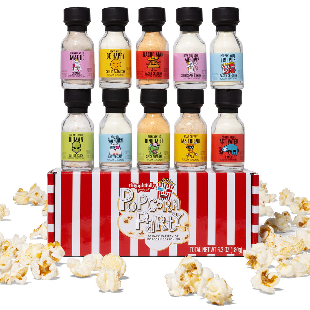 Thoughtfully Gourmet popcorn sampler box showing 10 flavors for versatile movie-night snacking