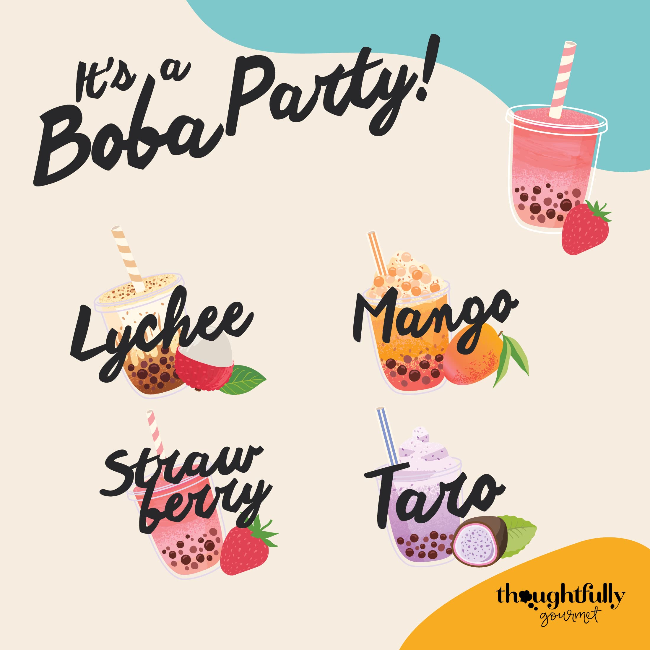 Thoughtfully flavor packets offer four flavors for quick bubble tea sampling.