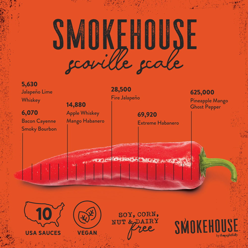 Thoughtfully Smokehouse bottle row on shelf highlights the 10-flavor assortment