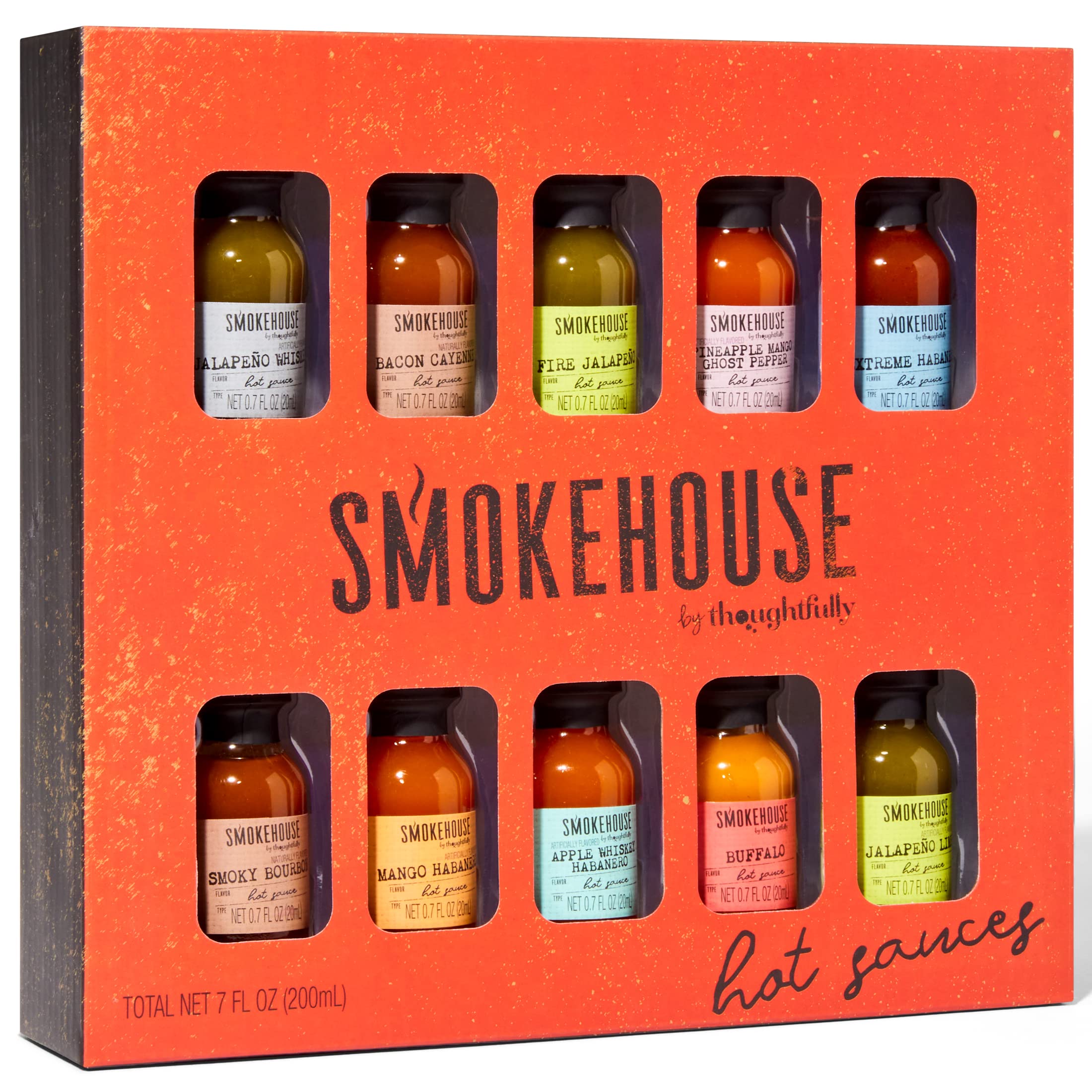 Thoughtfully Smokehouse tasting flight with glass bottles invites cautious heat exploration
