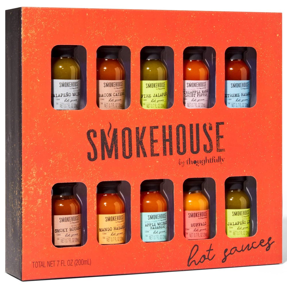 Thoughtfully Smokehouse tasting flight with glass bottles invites cautious heat exploration