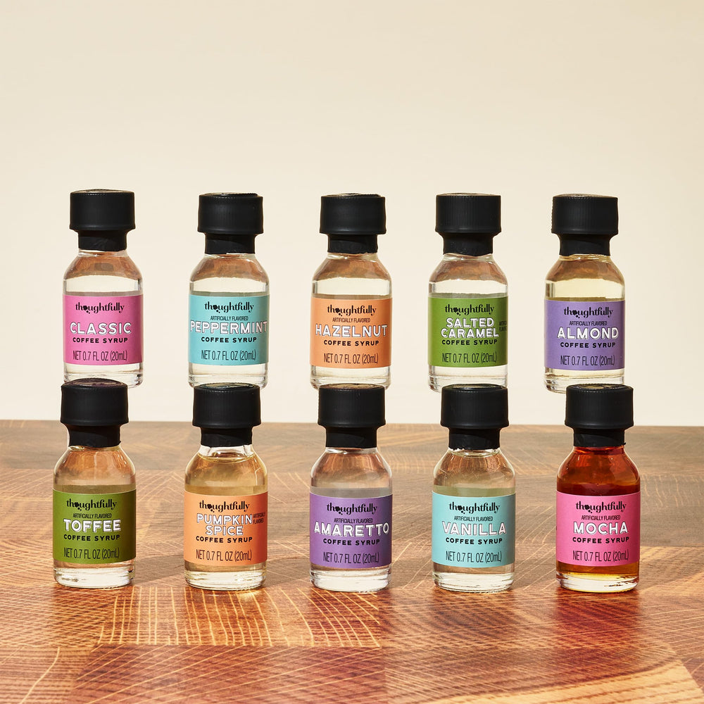 Thoughtfully vanilla coffee syrup bottle adds smooth sweetness to morning coffee.