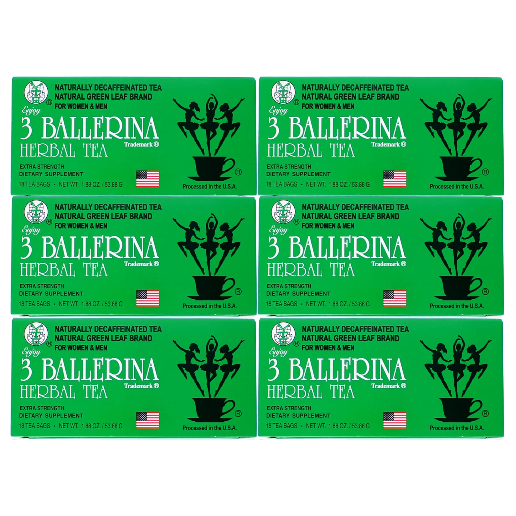 Three Ballerina Herbal Tea Extra Strength six-pack front view for bold daily rituals.