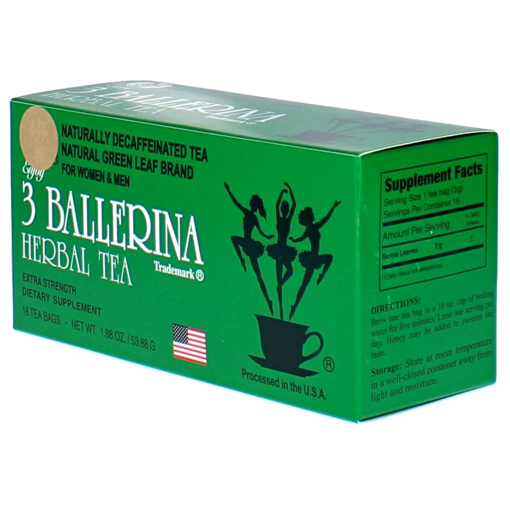 Three Ballerina Herbal Tea Extra Strength box closeup highlighting premium packaging.