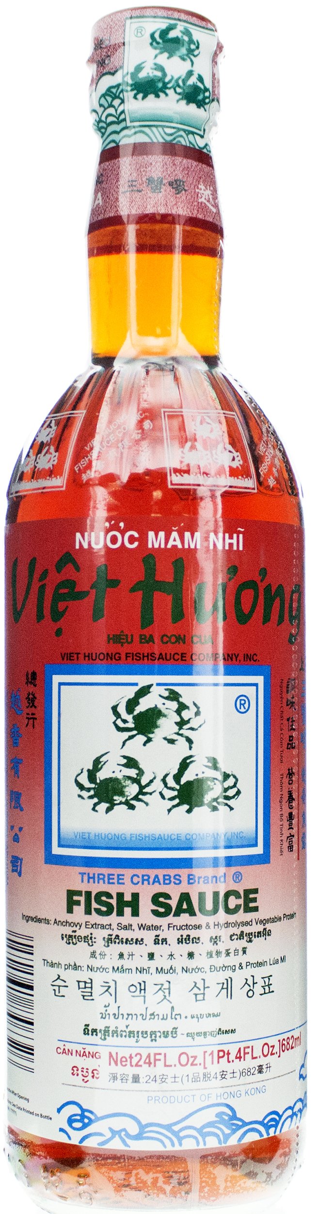 Three Crabs Fish Sauce 24oz bottle front view for authentic Thai cooking.
