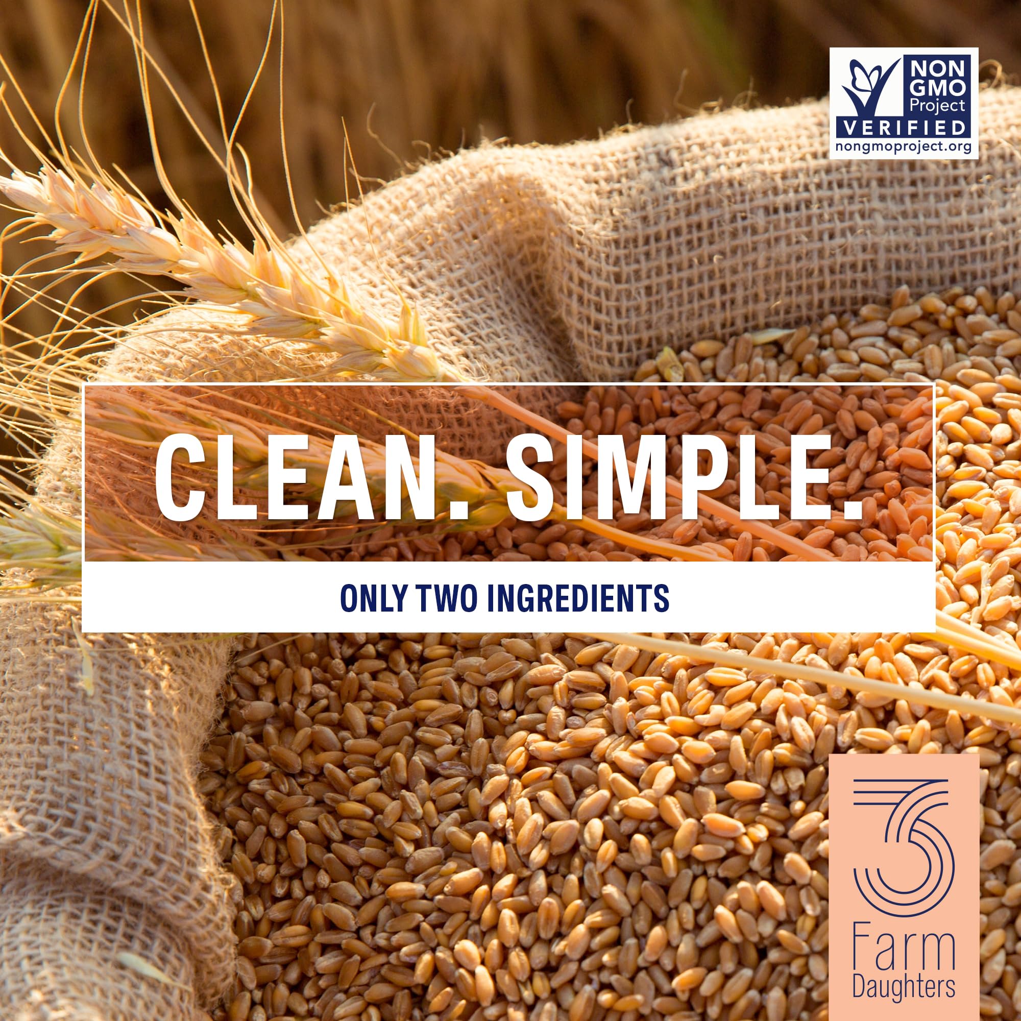 Three Farm Daughters pantry-ready pasta with non-GMO, clean ingredients label.