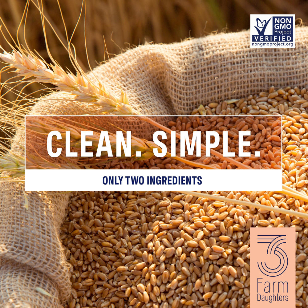 Three Farm Daughters pantry-ready pasta with non-GMO, clean ingredients label.