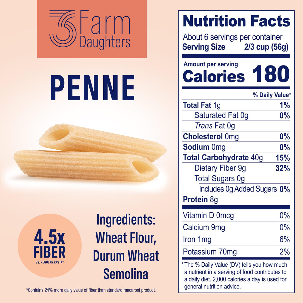 Three Farm Daughters rotini pasta dish with crisp bite and fiber benefits.