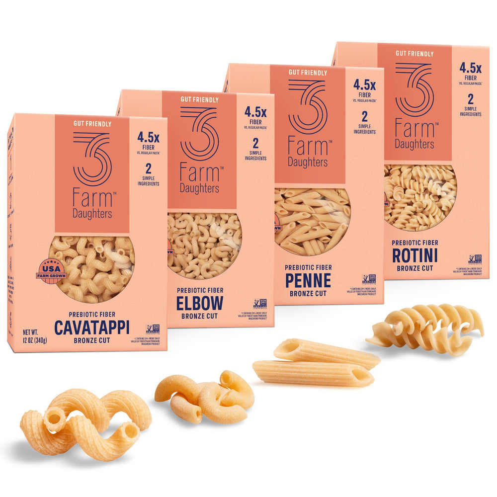 Three Farm Daughters high fiber pasta variety pack box on shelf, ideal for a fiber-rich pantry.