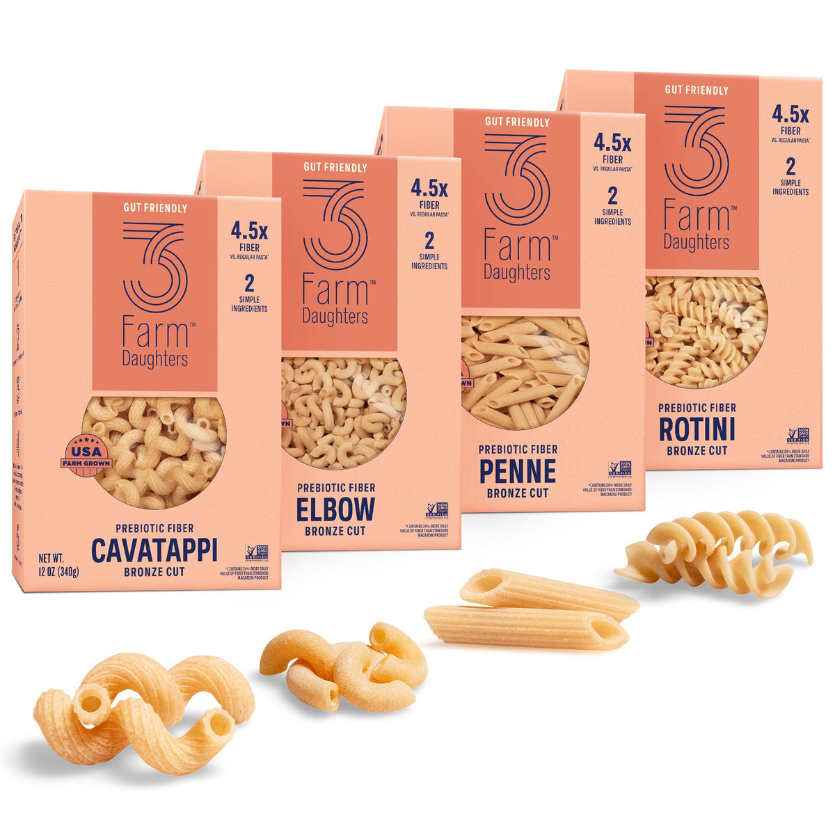 Three Farm Daughters high fiber pasta variety pack box on shelf, ideal for a fiber-rich pantry.