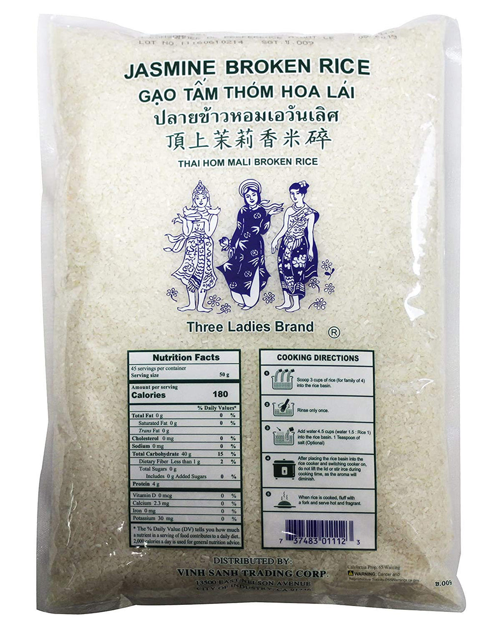 Three Ladies Jasmine Broken Rice bag label highlighting fragrance and versatility.