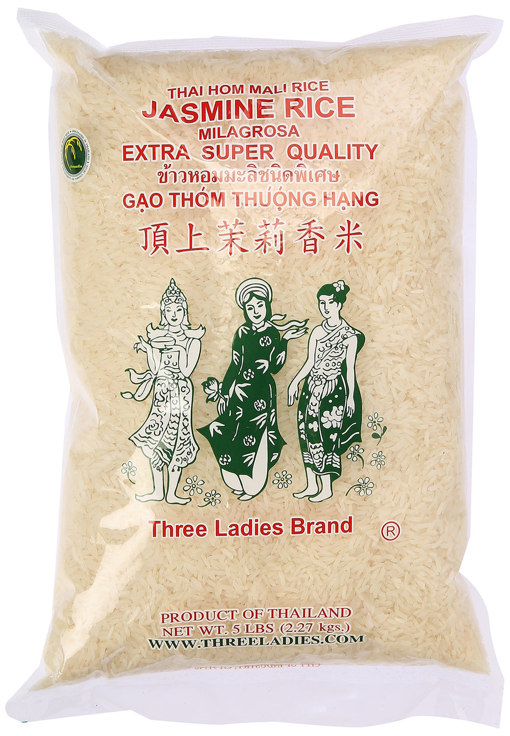 Three Ladies Jasmine Rice 5lb bag with fluffy, fragrant long grains.
