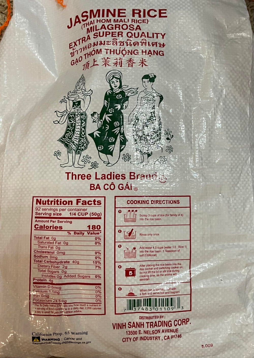 Three Ladies Jasmine Rice package on kitchen counter ready for meals.