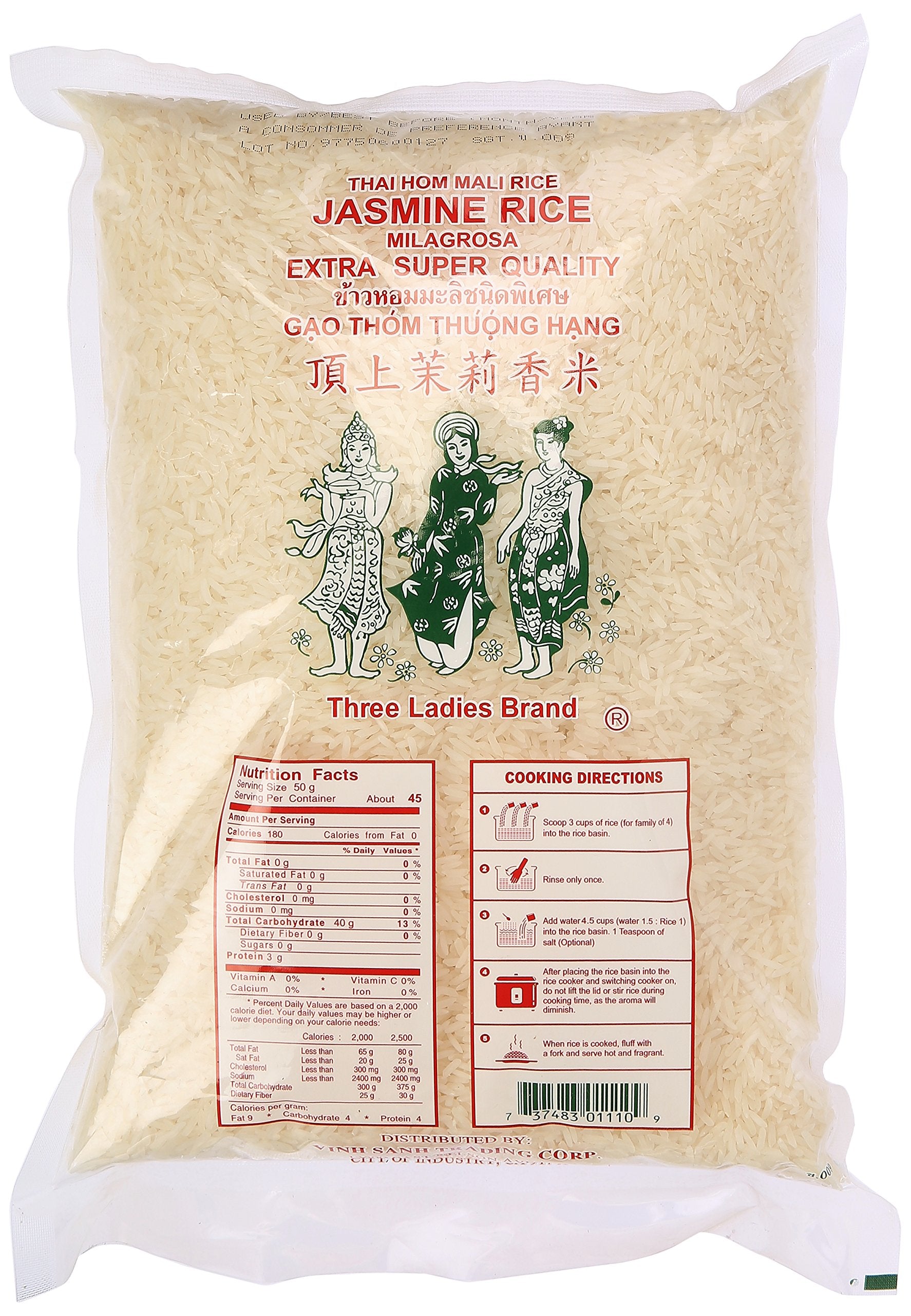 Three Ladies Jasmine Rice steaming bowl reveals fragrant, light grains.