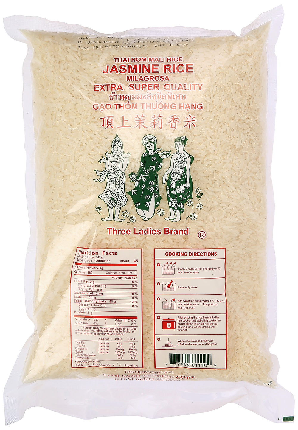 Three Ladies Jasmine Rice steaming bowl reveals fragrant, light grains.