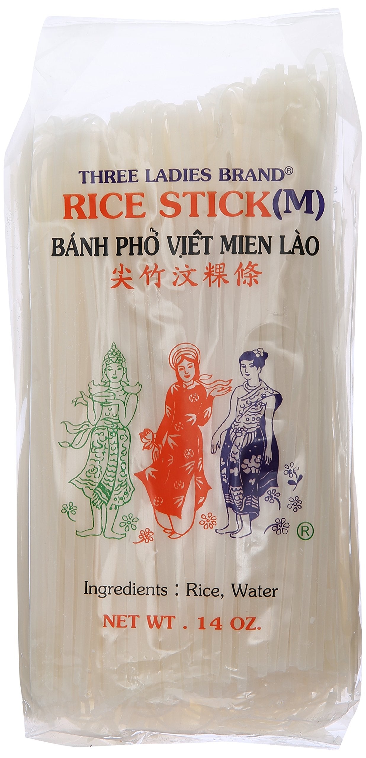 Three Ladies Rice Stick 14 oz packaging, easy to store and use in quick meals.