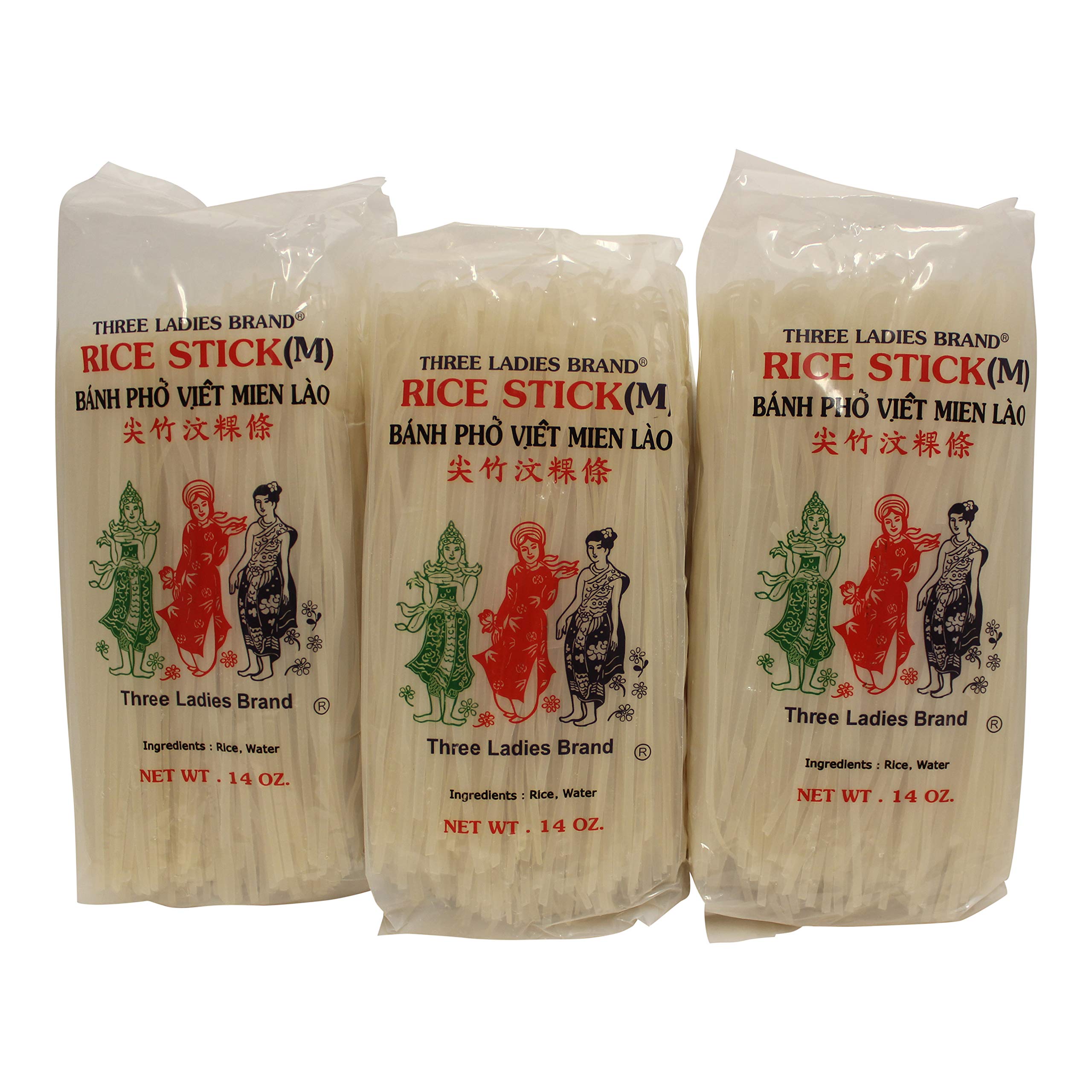 Three Ladies rice sticks pack of three bags ready for Pad Thai.