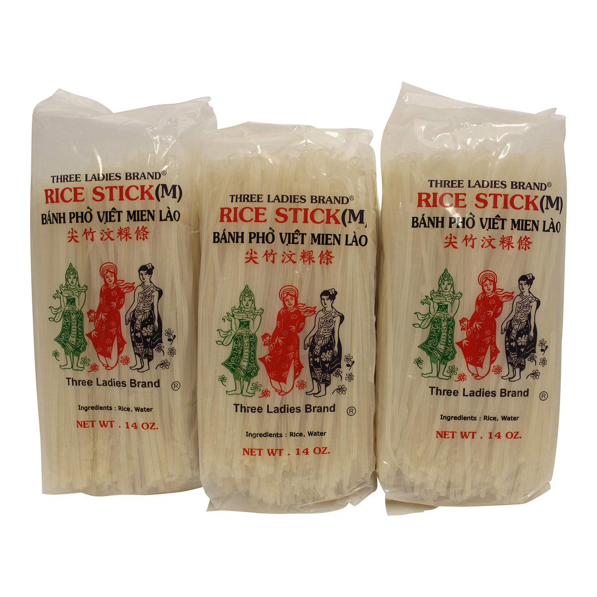 Three Ladies rice sticks pack of three bags ready for Pad Thai.