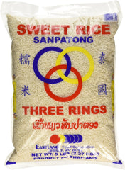 Three Rings Thai sticky rice 5lb bag for authentic desserts and steamed dishes.
