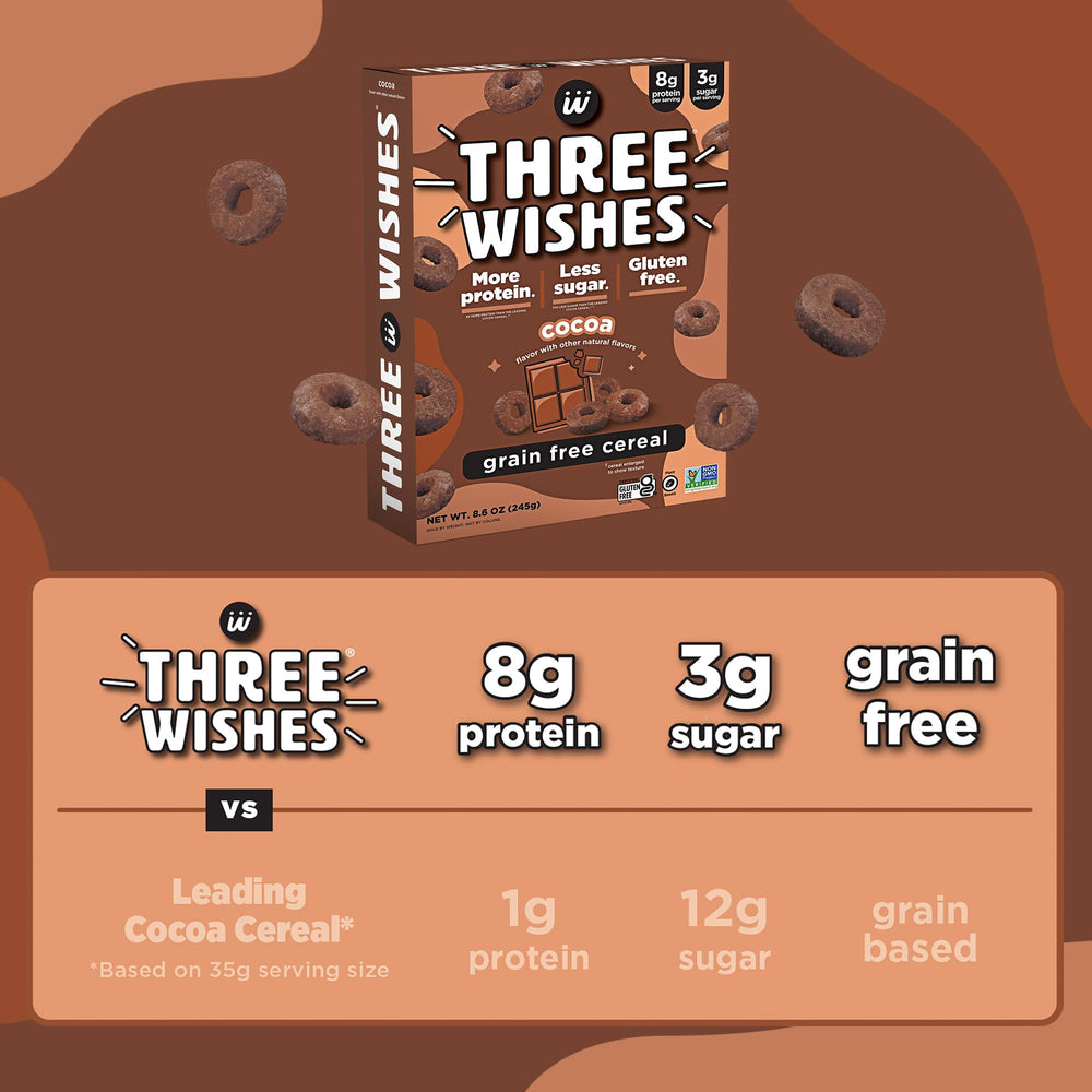 Close-up of crunchy Three Wishes Cocoa cereal bits and flavor.