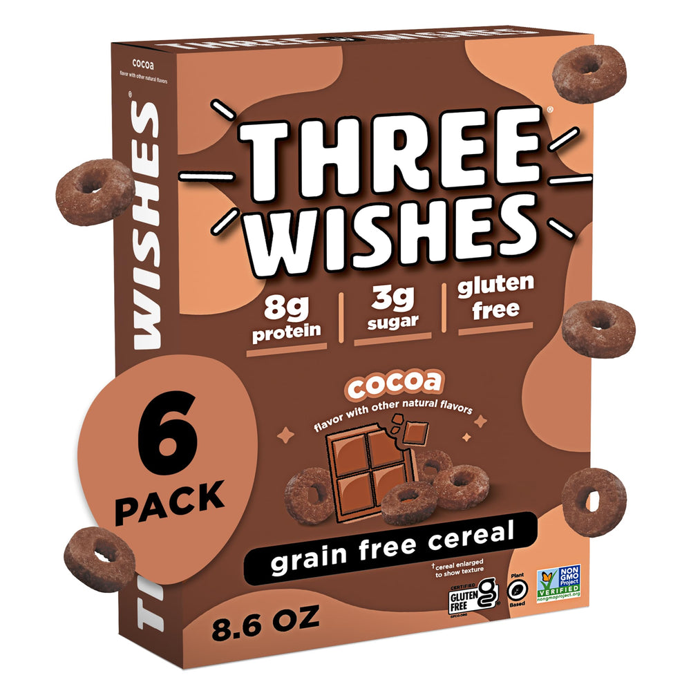 Three Wishes Cocoa cereal packaging highlighting gluten-free, protein-packed ingredients.