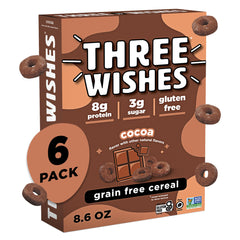 Three Wishes Cocoa cereal packaging highlighting gluten-free, protein-packed ingredients.