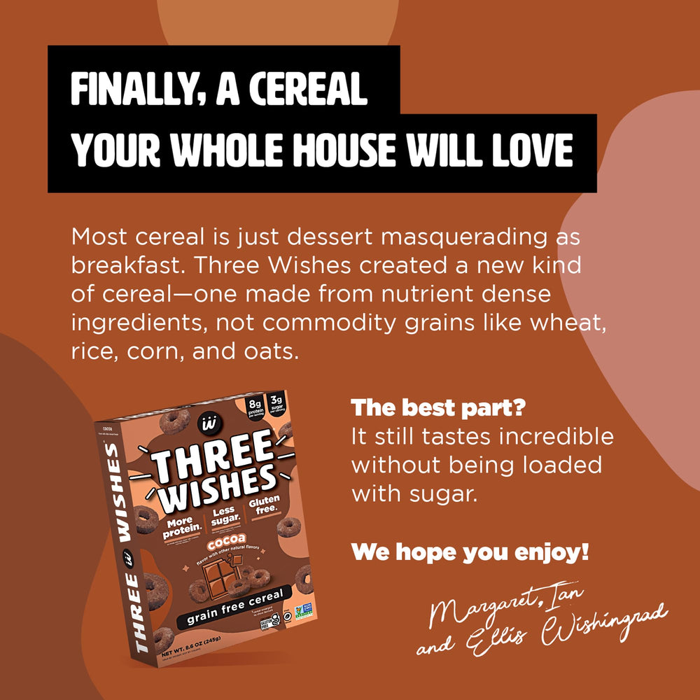 Six-pack of Three Wishes Cocoa cereal on store shelf.