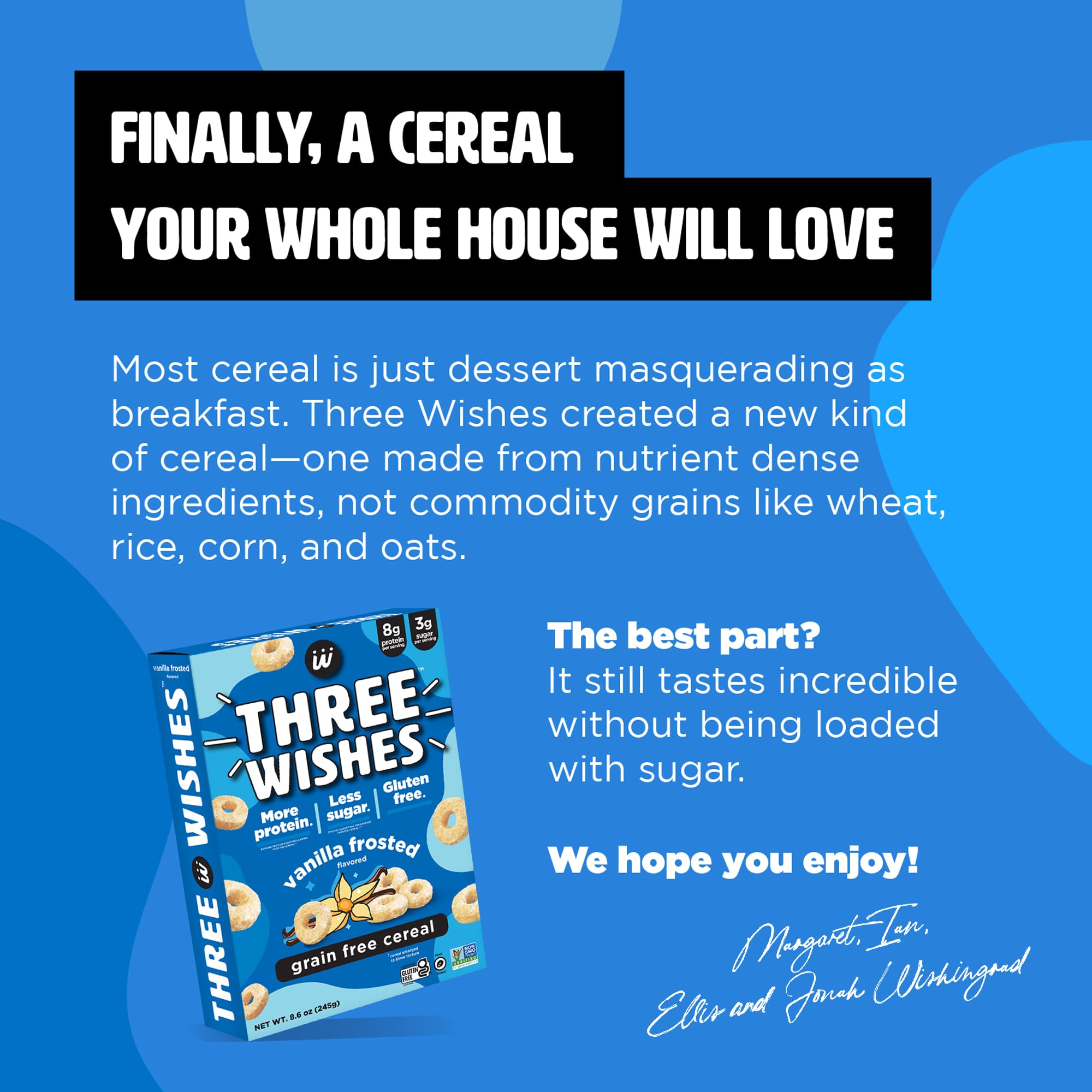 Three Wishes Frosted cereal breakfast setup with fruit