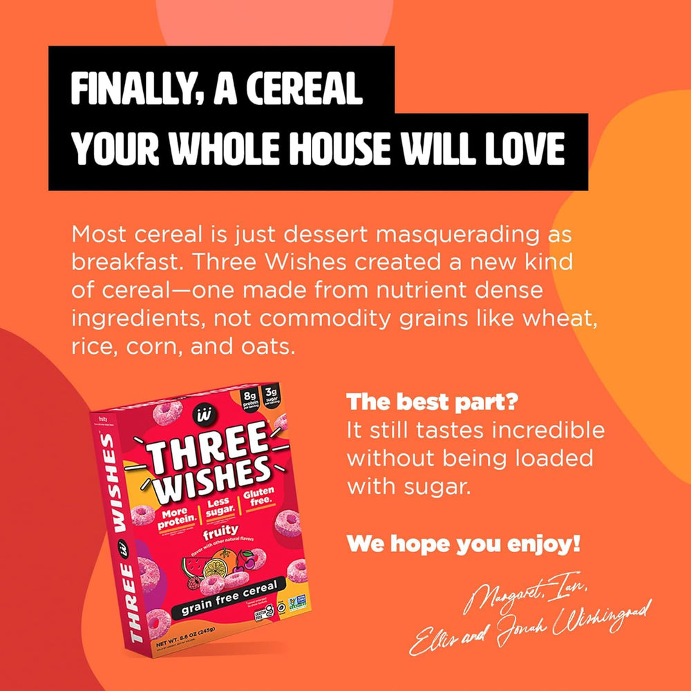 Three Wishes Fruity cereal serving ideas with milk and fruit