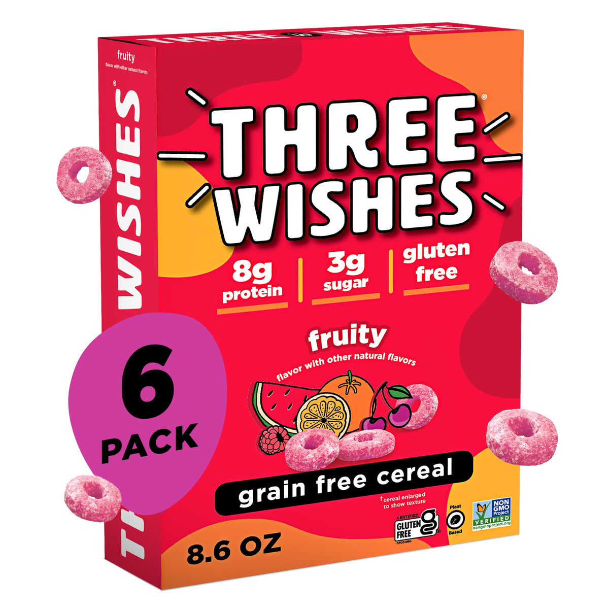 Three Wishes Fruity Grain-Free Cereal box front, gluten-free packaging for a light breakfast