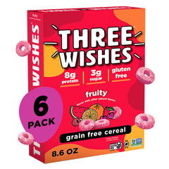 Three Wishes Fruity Grain-Free Cereal box front, gluten-free packaging for a light breakfast