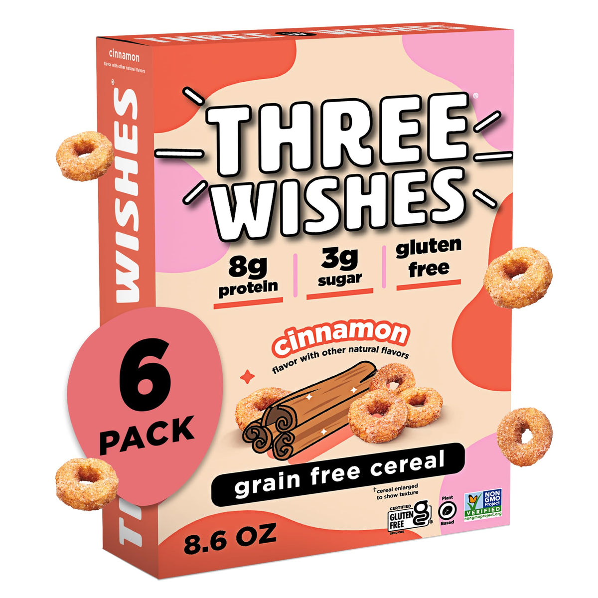 Three Wishes grain-free cinnamon cereal box front shows gluten-free packaging