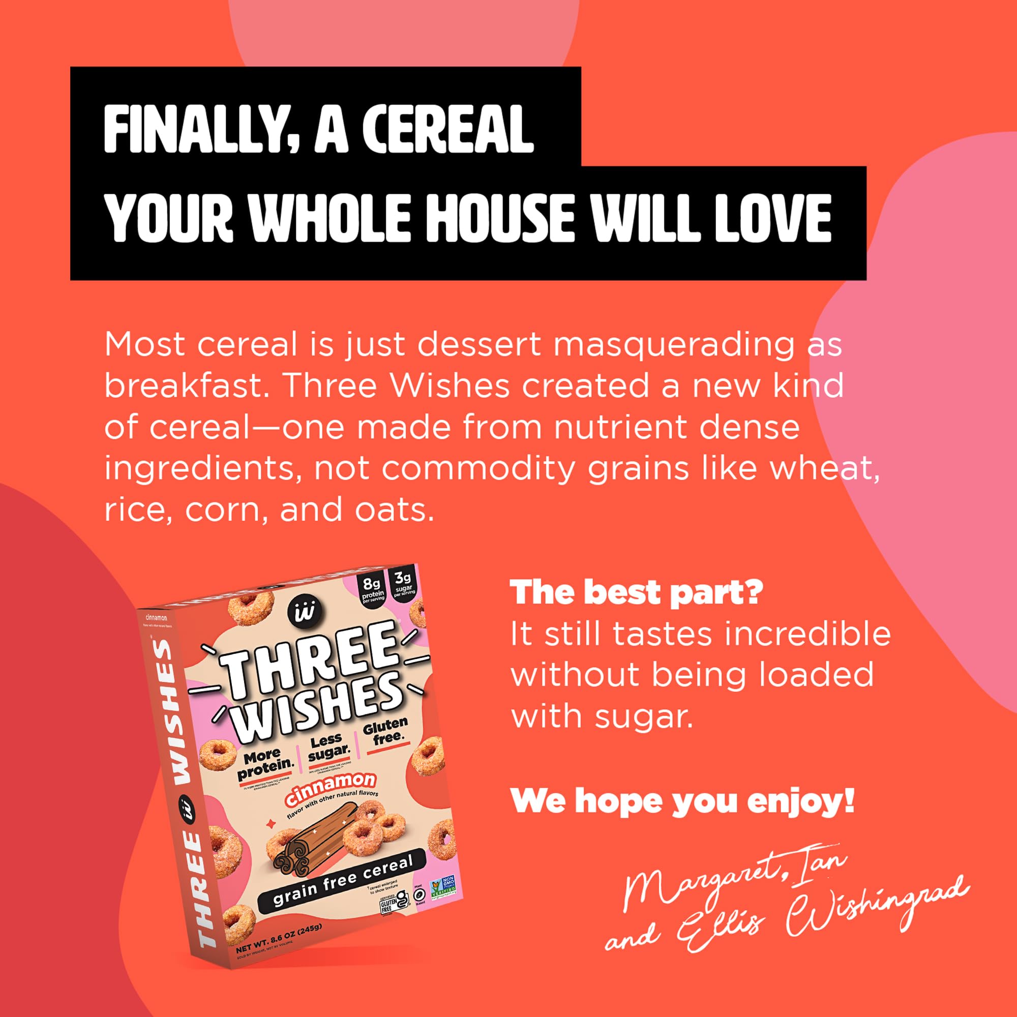 Nutrition facts panel of Three Wishes grain-free cinnamon cereal emphasizing 8 g protein and 3 g sugar