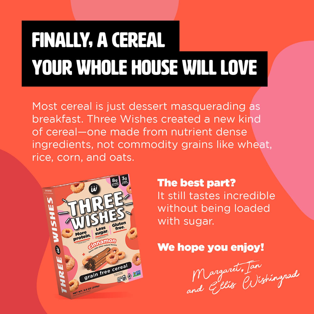 Nutrition facts panel of Three Wishes grain-free cinnamon cereal emphasizing 8 g protein and 3 g sugar