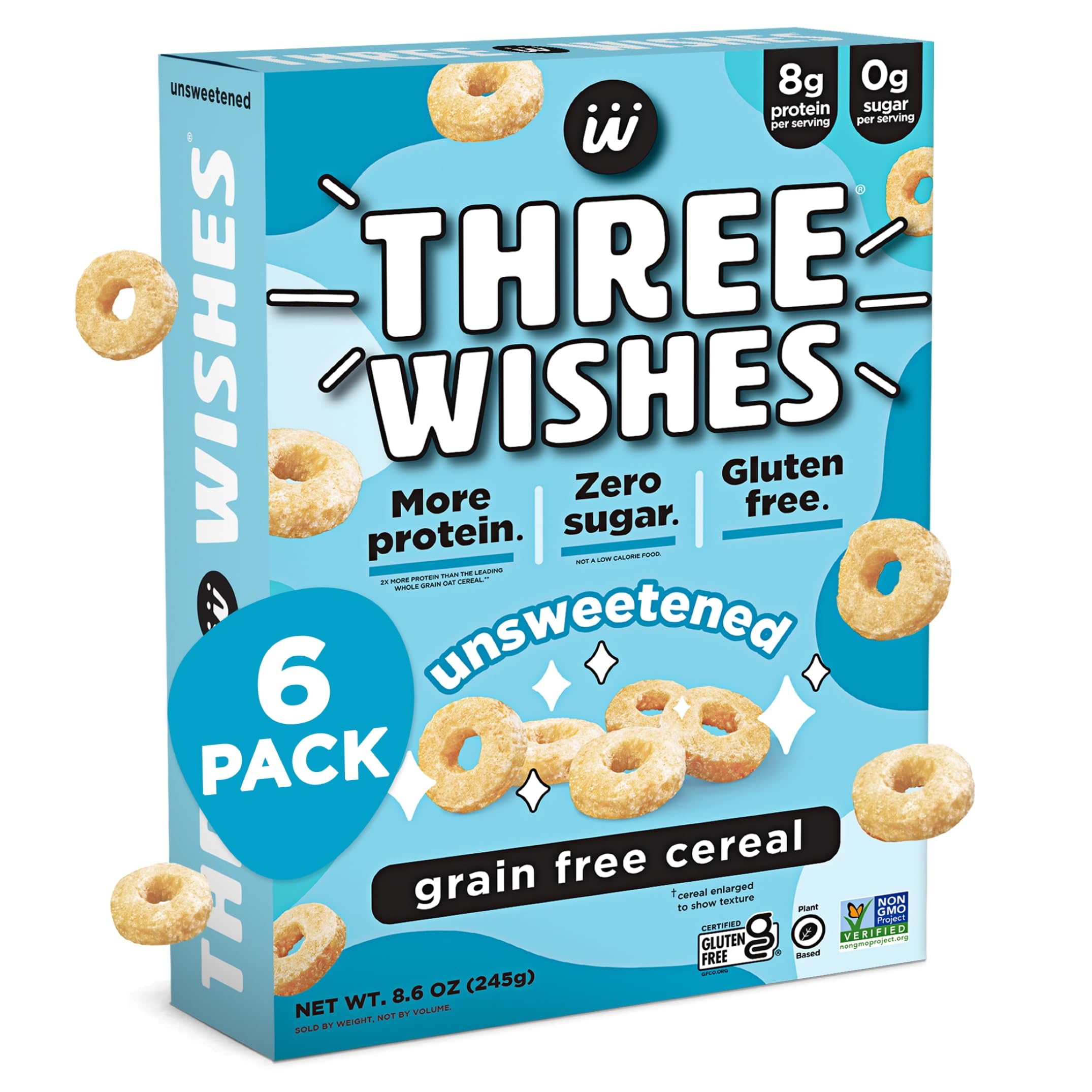Three Wishes grain-free cereal box front showing unsweetened crunch