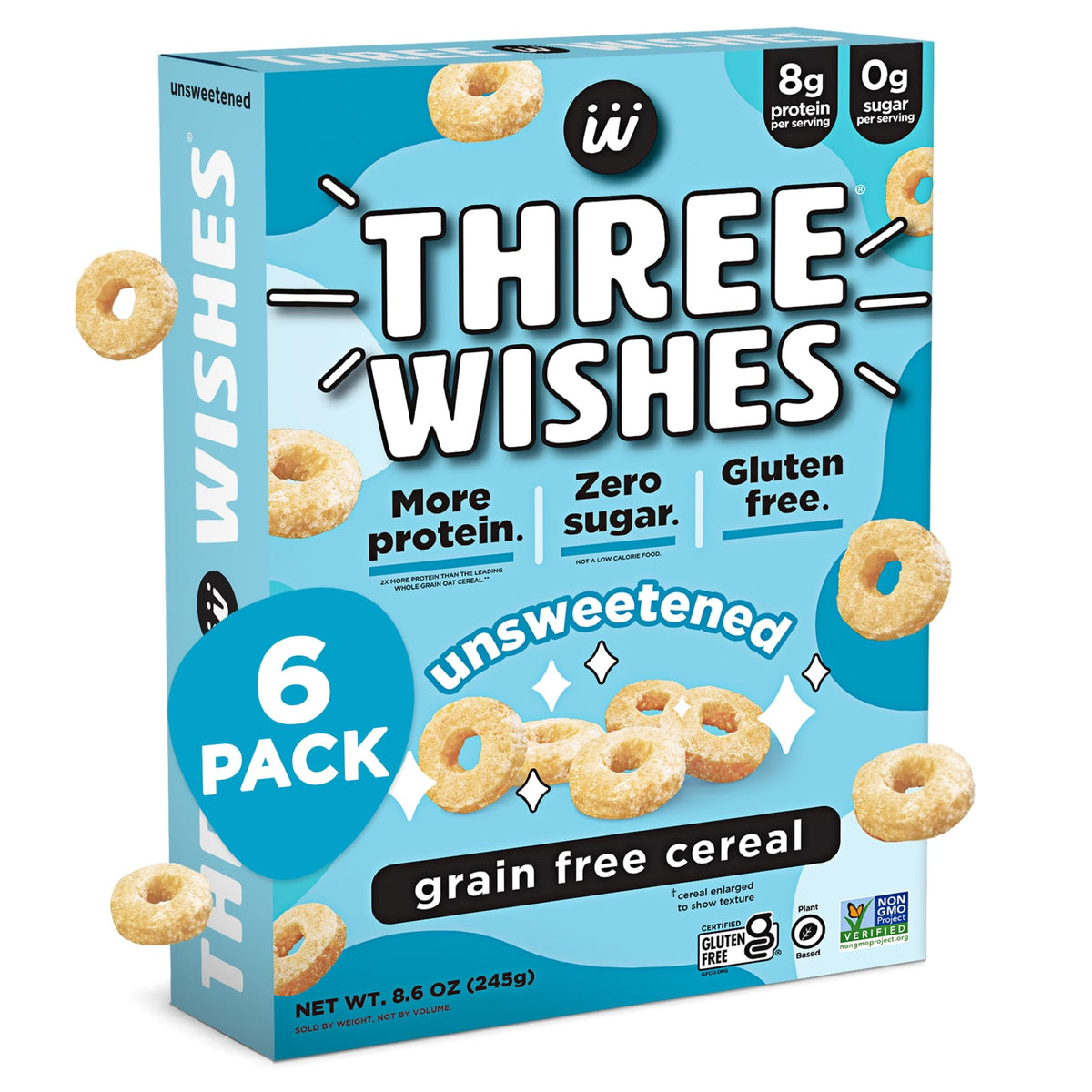 Three Wishes grain-free cereal box front showing unsweetened crunch