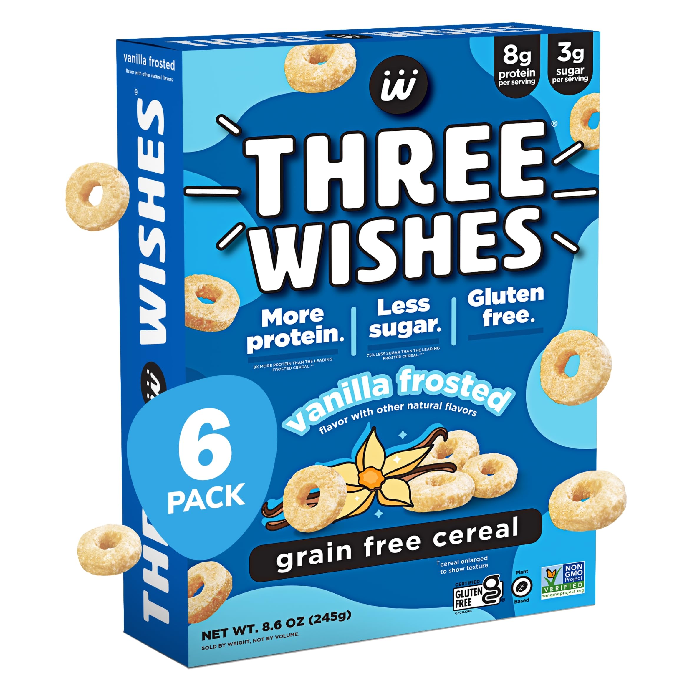 Three Wishes grain-free protein cereal frosted box highlights gluten-free breakfast option.