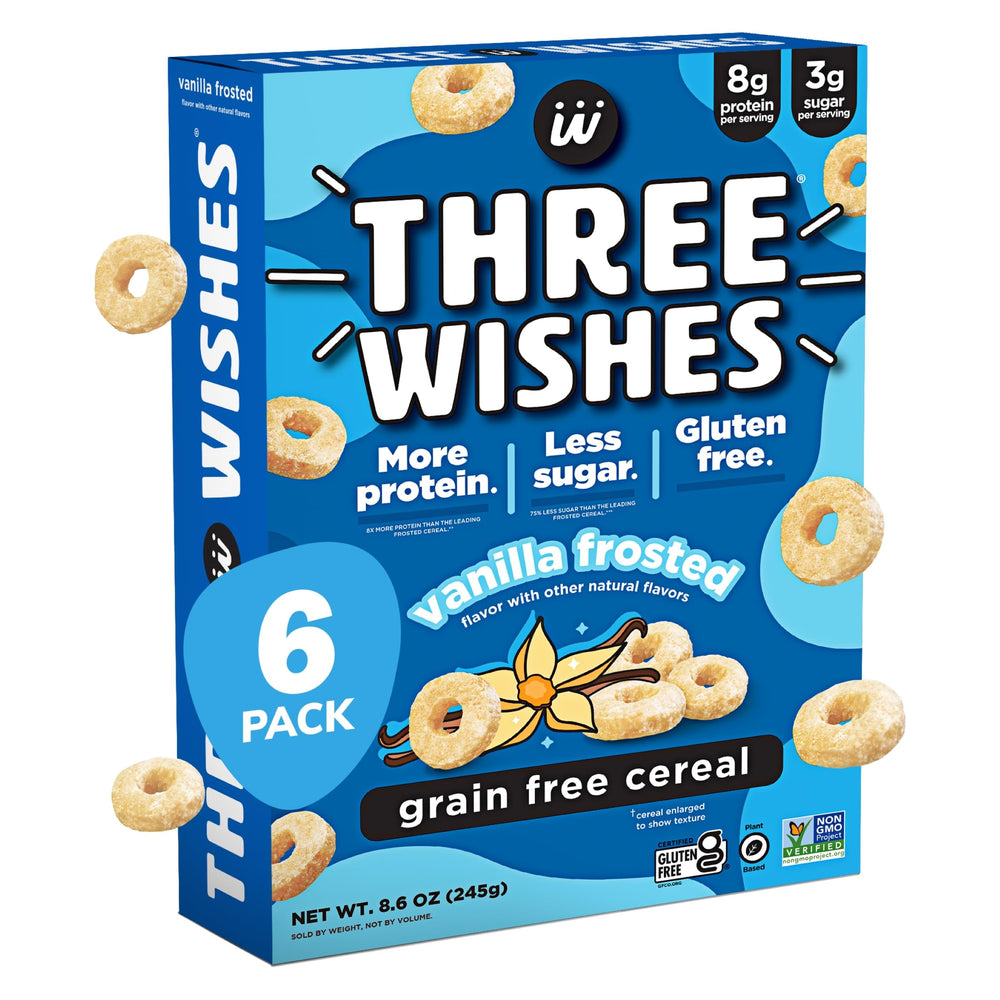 Three Wishes grain-free protein cereal frosted box highlights gluten-free breakfast option.