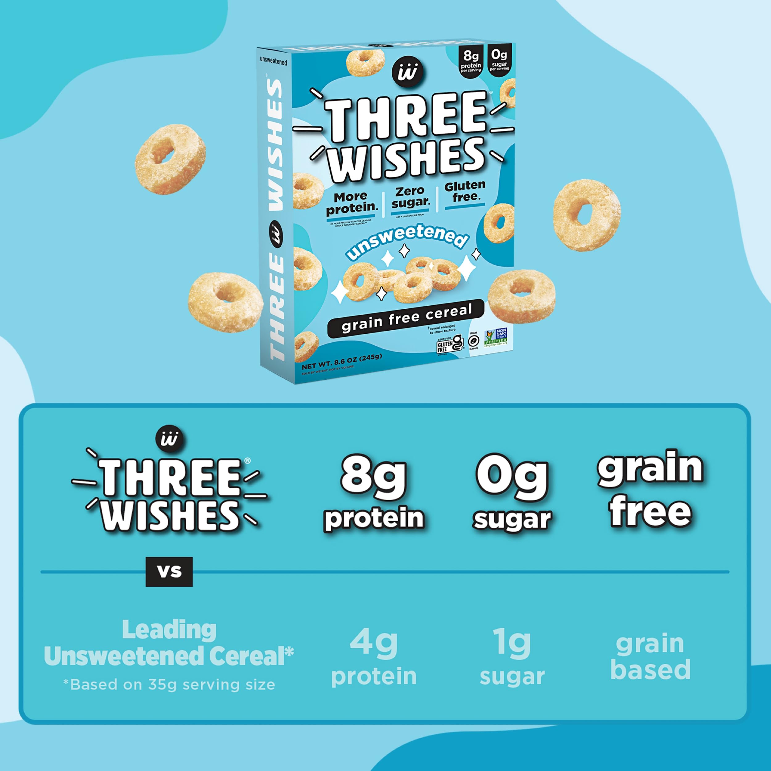 Three Wishes cereal ingredients list showing plant-based non-GMO notes