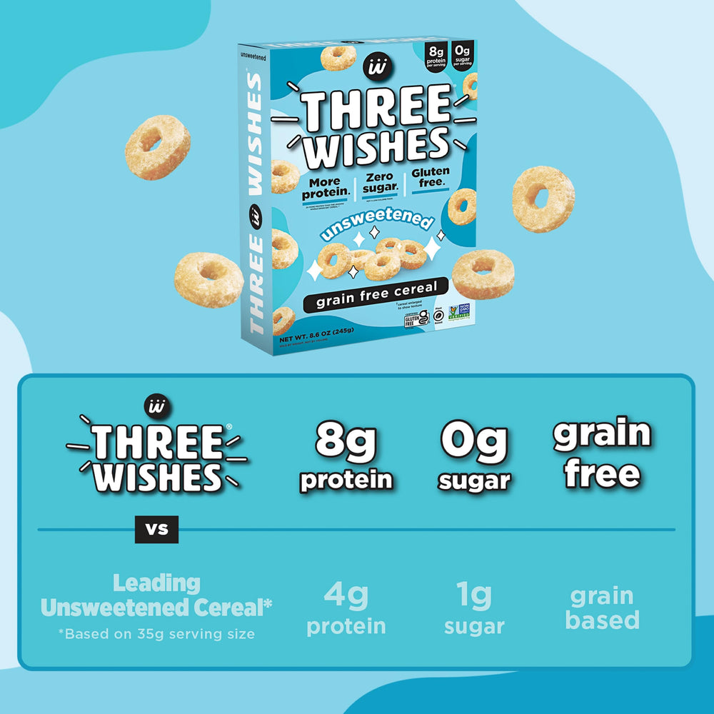 Three Wishes cereal ingredients list showing plant-based non-GMO notes