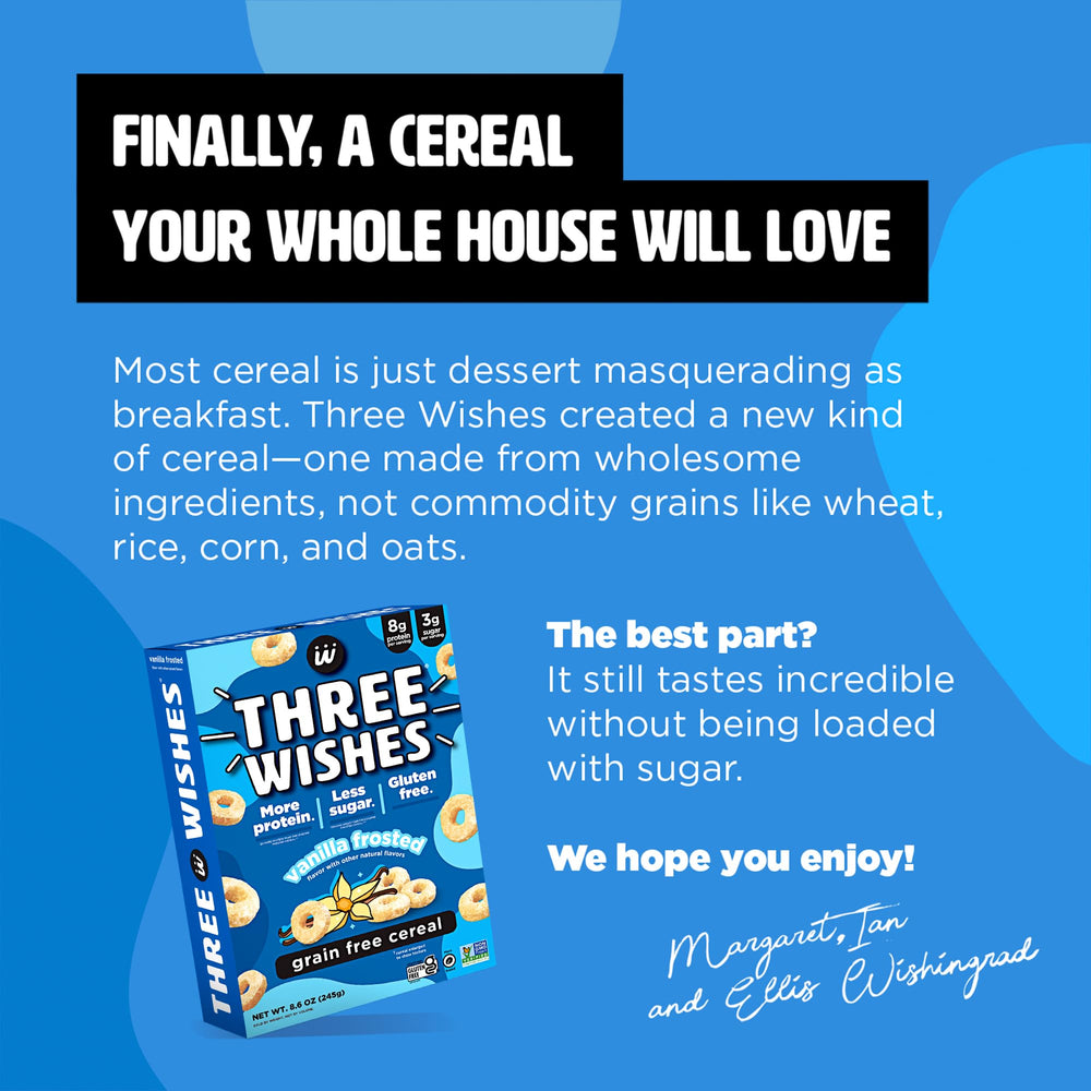 Three Wishes cereal with milk and spoon shows serving suggestion for a balanced start.