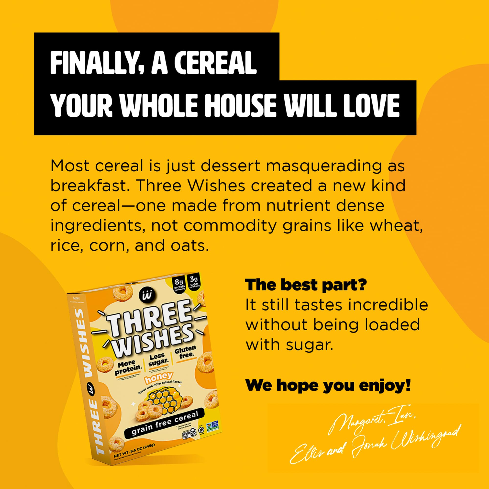 Three Wishes cereal box displaying vegan and non-GMO certifications for trust.